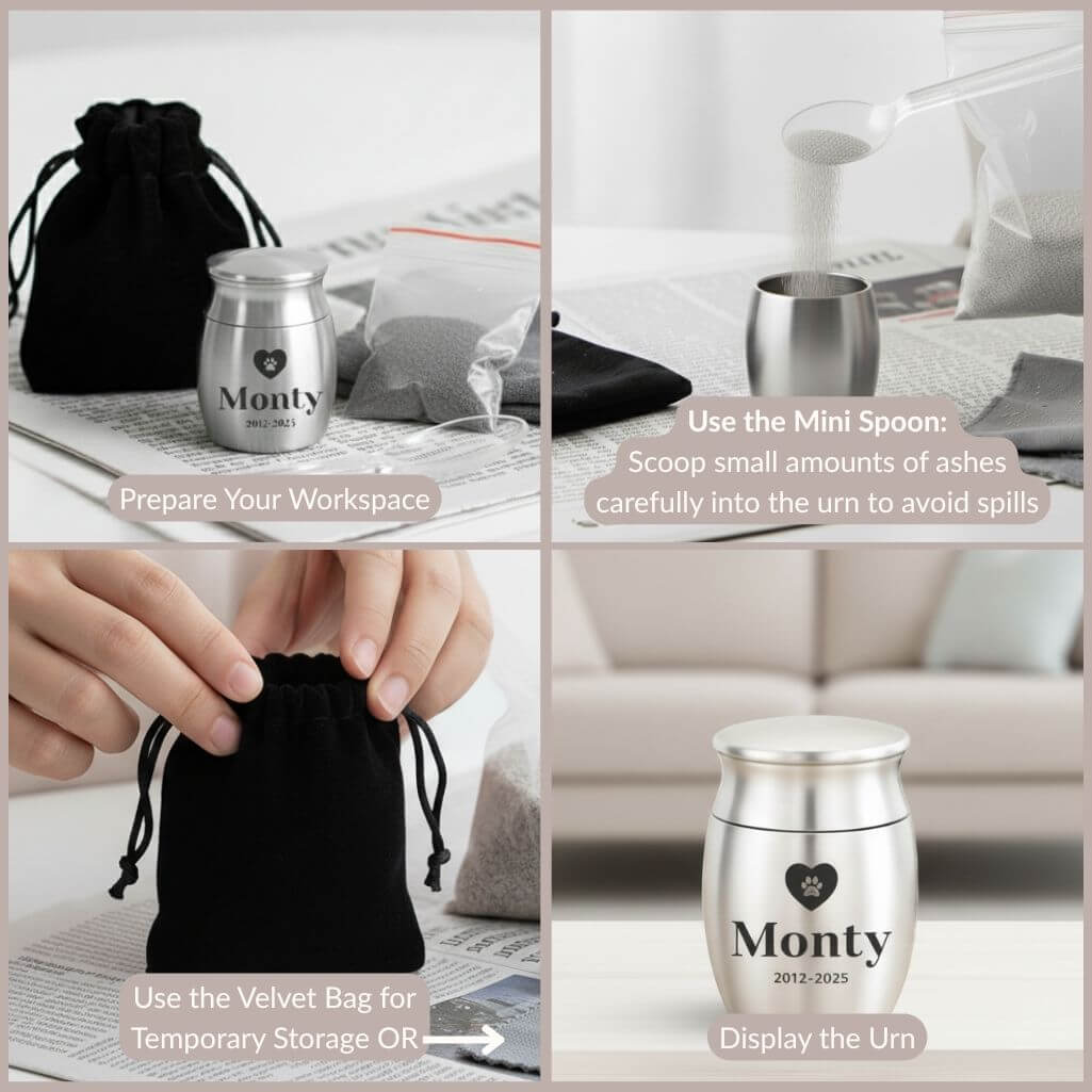 A four-panel image guide showing how to fill a small, silver keepsake urn for a pet named 'Monty' using a mini spoon and storing it in a velvet bag